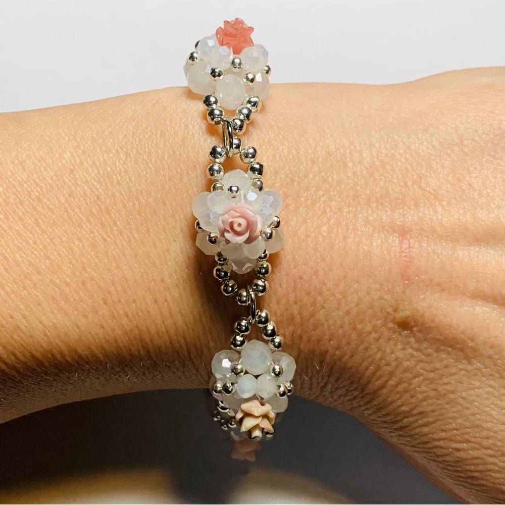 Artisan Hand Crafted Beaded Wedding Cake Roses Bracelet & Earrings Pink